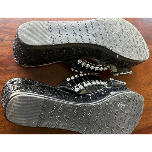 Grazie Black Sequin Rhinestone Wedges Sz 9 - Picture 6 of 6